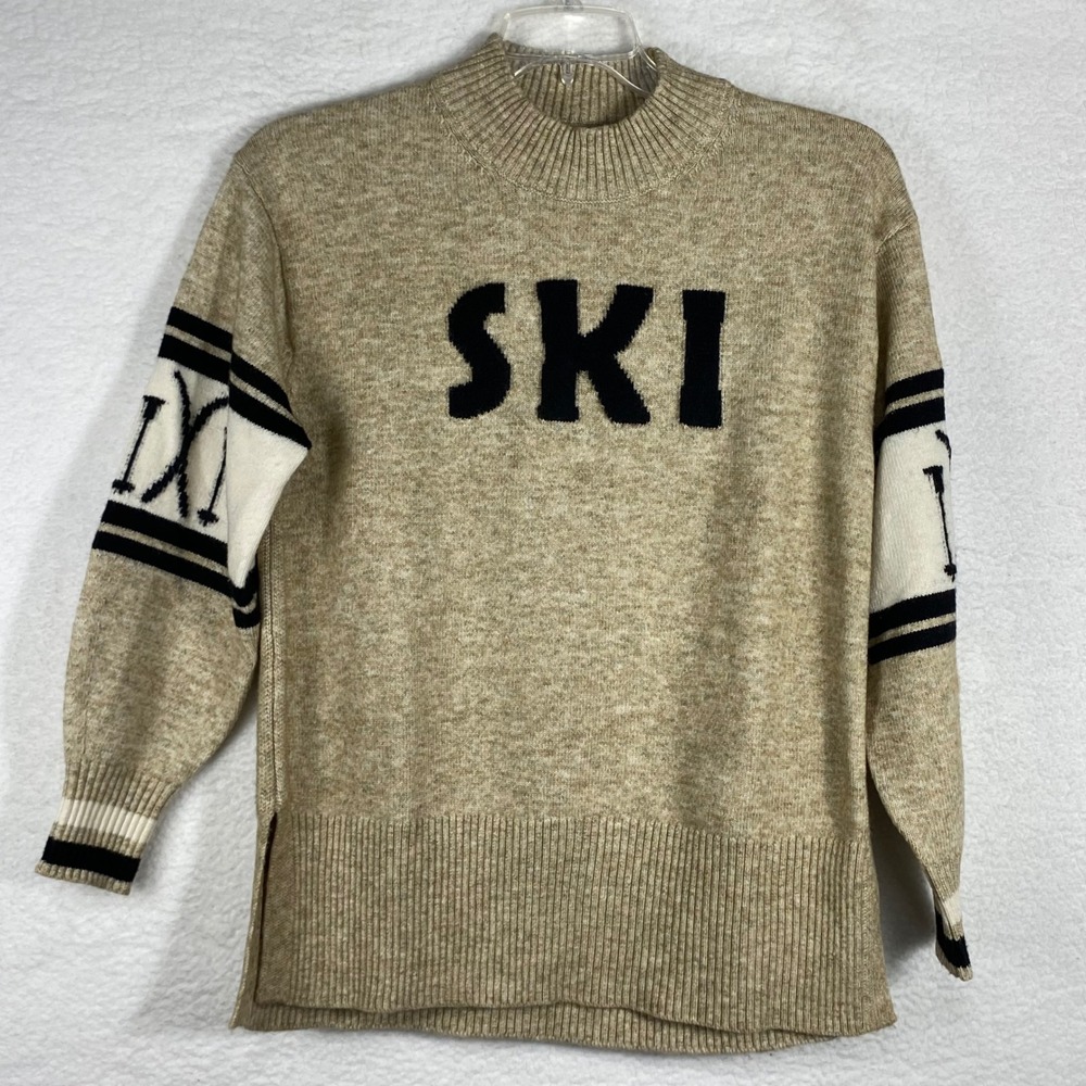 Lou & Grey Womens Tan SKI Graphic Mock Neck Sweater M Oatmeal Heather Pullover